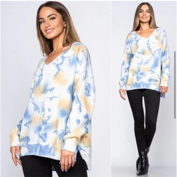 LAST ONE: Women’s cashmere feel soft tie dye v neck cozy warm sweater - Picture 3 of 6